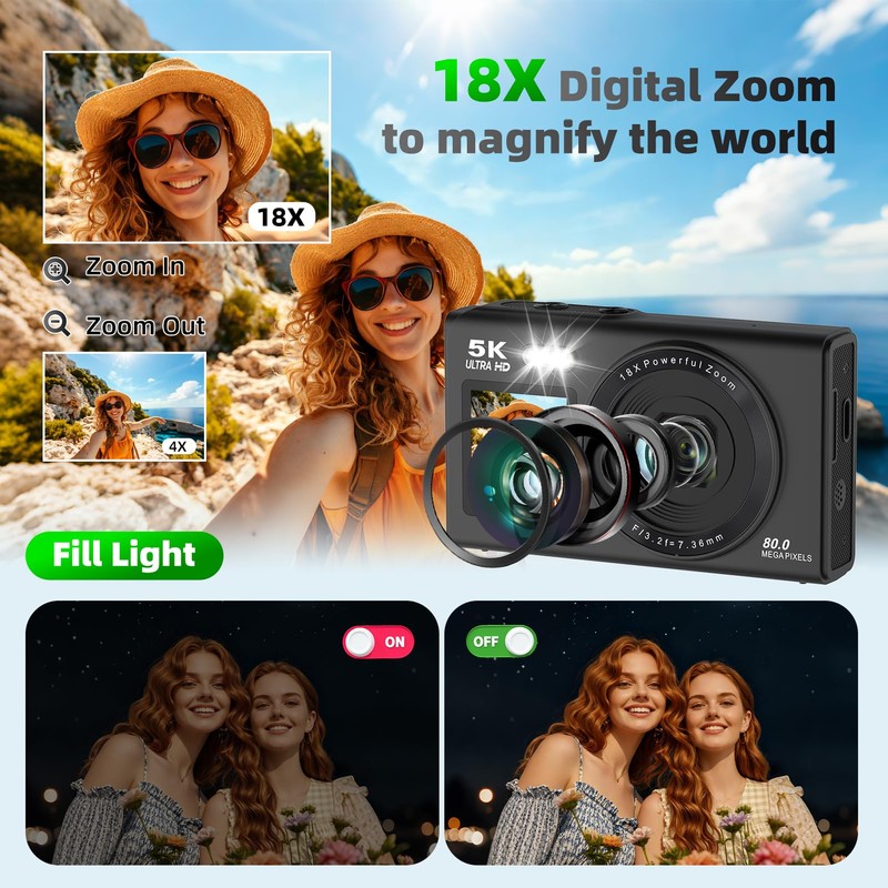 5K 80MP Digital Cameras for Photography with Tripod 2 Batteries