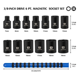 MIXPOWER 3/8" Drive Deep Magnetic Impact Socket Set with Storage Rails, 13-Piece, 6 Point, 7-19mm, Metric, CR-MO