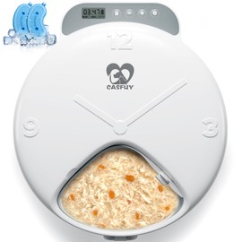 Casfuy Battery-Operated Automatic Cat Feeder - Whisker Friendly Automatic Cat Food Dispenser for Wet Dry Food Cordless 4-Meal Auto Feeder for Cats Small Dogs with Programmable 12H/24H Format Timer