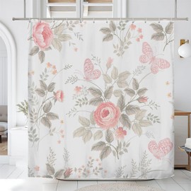 Renaiss Vintage Flower Shower Curtain, Vintage Pink Rose Flowers Butterfly Shower Curtain for Bathroom 72W x 78L inches Set with Hooks Waterproof Polyester Fabric