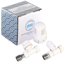 London Taps Thermostatic Radiator Valve TRV and Lockshield Set, White Straight Valves, Standard 15mm Connection, Central Heating Radiator or Towel Rail Valves