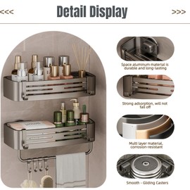 2Pcs Corner Shower Shelf Caddy Suction Cup, No Drill Hole with Towel Bar and Hook, Gray Bathroom Storage Rack, Zero Drill Square Shelves, Store Toiletries and Bath Towel for Bathroom Kitchen RV