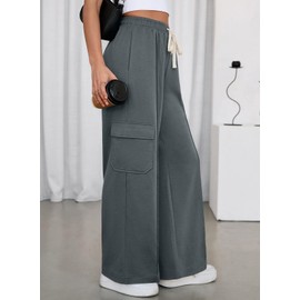 Aleumdr Women's 2025 Trendy Cargo Pants Casual High Waisted Wide Leg Sweatpants Elastic Waist with Drawstring Lounge Pants with Pockets Dark Grey Medium