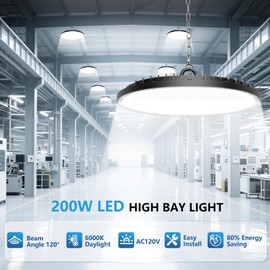 High Bay Lights UFO Led Light 200W LED Shop Lights 6000K IP65 Commercial Bay Lighting Fixture 30000 LM Super UFO Bright, 5FT Cable Plug & Play for Gym Factory Warehou 6 Pack