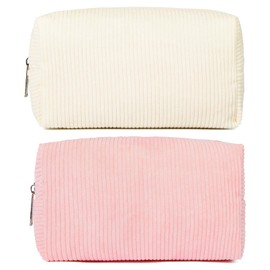 SOIDRAM 2 Pieces Makeup Bag Corduroy Cosmetic Bag White Pink Makeup Pouch Travel Toiletry Bag Organizer Cute Makeup Brushes Storage Bag for Women