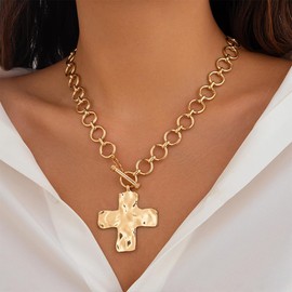 Gold Chunky Cross Hammered Pendant Necklace Vintage Large Crucifix Choker Necklaces Trendy Toggle Costume Jewelry Non Tarnish Accessories for Women (Gold)