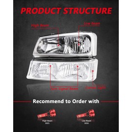 KAX Front Headlight Assembly Compatible with Silverado 1500/2500 HD/3500, 3500 Classic, Avalanche 1500/2500, Silverado 2500, Headlamps Chrome Housing Clear Reflector Clear Lens