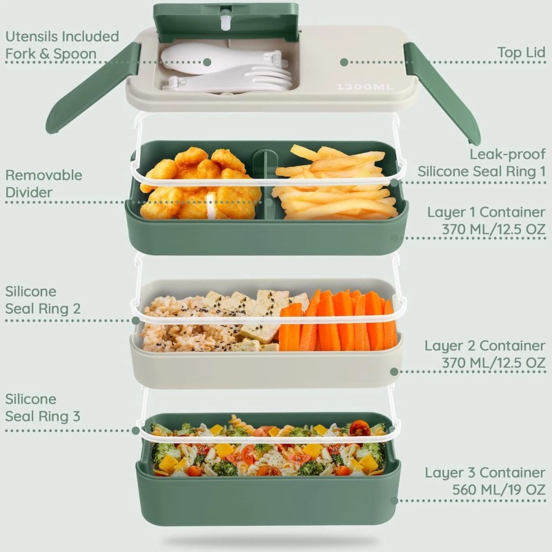 GadgBlizza Bento Box Adult Lunch Box, Stackable 3 Layers Lunch