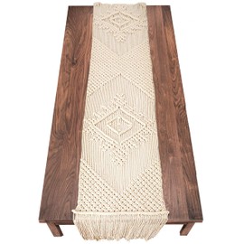 LIVALAYA Macrame Table Runner 60 Inches Long Cotton Boho Table Runners for Dining or Coffee Table Bohemian Runner for Rustic Wedding Table Decor Tassels Vintage Farmhouse Home Decoration for Kitchen
