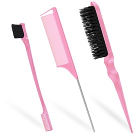 Soodyoow Sleek Bun Brush Set, Brush for Sleek Braid, Sleek Brush, Brush Sleek Look, Brush Edges Brush, Bristle Brush Rat Tail Comb, Hair Comb for Hairdresser Lady Baby Child, Pink