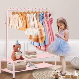 mirolam Kids Clothing Rack - Dress Up Storage - Dress Up Rack for Little Girls - Small Kids Costume Wardrobe with 2 Fabric Shelves - Princess Room Bedroom Decor