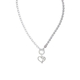 Delight Jewelry Silvertone Heart Outline with diagonal Cross Stronger Braver Smarter Mixed Cable and Imitation Pearl Chain Choker Necklace, 14.75-17"