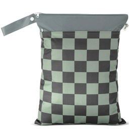 BebeBiu Cloth Diaper Wet Bags – Waterproof & Reusable Bag with 2 Zippered Pockets, 100% Polyester with Handle, Perfect for Stroller, Travel, Baby Essentials & Breast Pump Storage (Green Check)