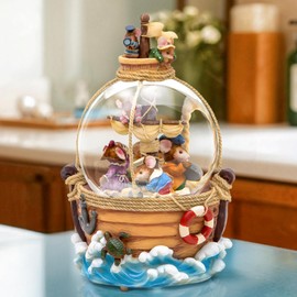 Musical Snow Globe Mice on Pirate Ship, Handcrafted Music Box, Warm Light, Vintage Nautical Decor, for Family, Holiday, Christmas, Birthday, Plays by The Beautiful Sea Melody