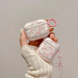 inewateri Compatible for AirPods 2 Case with Cleaner Kit Soft Cute Bow Pattern Fashion Design Bowknot Aesthetic Shockproof Cute Bow Keychain Headphone Cases for Airpods 2&1-Pink