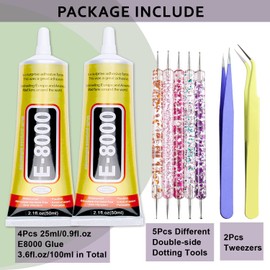 E8000 Craft Glue for Jewelry Making, Multi-Function B-7000 Super Adhesive Glues Liquid Fusion for Rhinestones, Shoes, Fabric, Stone Wood Glass Cell Phones with Dotting Pens and Tweezers(2 X 50ML)