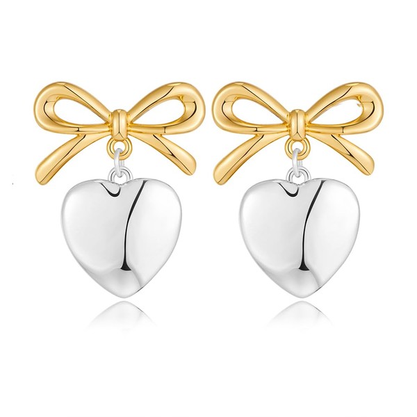 FAUTHENTICUTE Two-toned Heart Earrings For Women Gold Bow Ribbon Silver