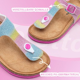 Torotto Toe Separator Children's Flip Flops with Cork Mules Girls Boys Slippers Straps Adjustable Buckle Non-Slip Slippers for Indoor and Outdoor Use, Colourful glitter, 35 UK