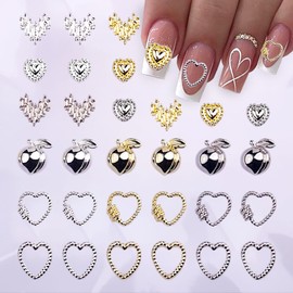 30Pcs Love Heart Nail Art Charms 3D Silver Gold Nail Rhinestones Love Heart Nail Gems Alloy Love Heart Nail Diamonds Valentine's Day Heart Nail Jewelry Peach Nail Jewel for Women Acrylic Nail Supplies