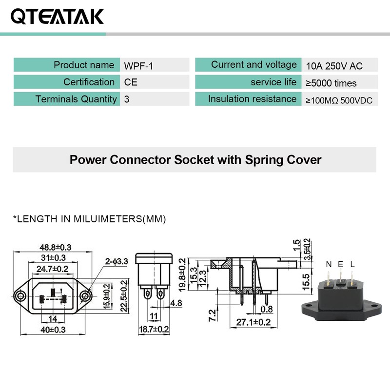 QTEATAK 3 Pack Screw Mount 3 Pins Inlet Power Plug