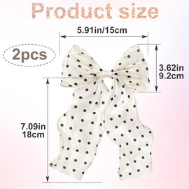 STSTR 2Pcs Large Hair Bow Clips, Silk Yarn Ribbon Bow Hair Barrette for Women, Elegant Long Tail Bowknot French Hair Accessories for Wedding, Parties, Festivals (White Bow Black Dots)