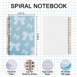 Coquette Blue Bow Notebook, Aesthetic Journal Notebook for Women, Preppy Girly Bow Journal, Office Supplies, Hardcover Spiral Notebook, 5.5x8.3 Inch