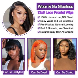 Edwad 13x6 Straight Bob Human Hair Lace Front Wigs Glueless Lace Frontal Bob Wig Human Hair Short Bob Wigs for Black Women Pre Plucked with Baby Hair Side Part 150% Density 10Inch