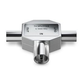 deleyCON Antennen-Verteiler T-Kupplung Zweigeräte-Verteiler für TV/T-Adapter Koax-Kupplung 2X Koax-Stecker Kabelfernsehtauglich Silber