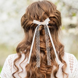 2 Pcs Lace Hair Bow Clips for Women Ribbon Hair Bow Long Tail Tulle Bow Hair Accessories for Bridal Wedding (White, One size)