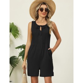 IECCP Black Shorts Womens 2025 Summer Loose Comfy Sleeveless Romper Casual Pleated Knit One Piece Outfits with Pockets(Black L)