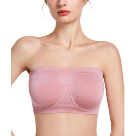 Exclare Women's Strapless Bra Underwire Unpadded Anti-Slip Bandeau Support Invisible Seamless Multiway Tube Top(L,Pink)