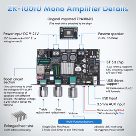 2PCS ZK-1001U Mono Amplifier Board Bluetooth 5.3 with TWS, 100W Power Output, Mini Audio Amp Vehicle Amplifier Wide Voltage Input 9-24V, Supports USB/AUX/Bluetooth