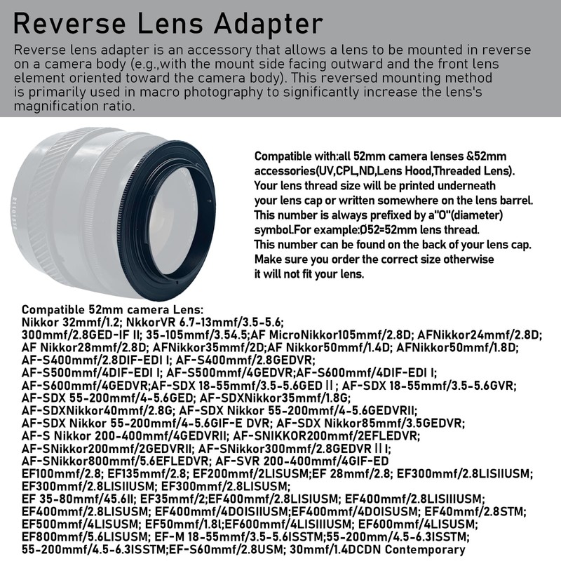 EF R-52 mm retro adapter/macro reverse ring ring, EF/R camera