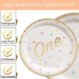 DYLIVeS 144 PCS 1st Birthday Party Supplies, Gold Foil First Birthday Decorations One Year Old Birthday Party Favors Tableware for Baby Shower, 1st Plates and Napkins Cups Cutlery Set, Serves 24