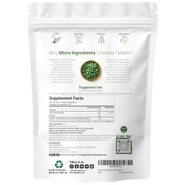 Organic Chlorella Tablets, 500mg Per Tablet, 720 Tabs (360 Grams), 4 Months Supply, Broken Cell Wall, Rich in Vegan Protein & Vitamins, No Filler, No Additives & Non-GMO | Pure Green Algae Superfood