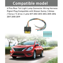 6 Pins Rear Tail Light Connector Wiring Harness Fits for Nissan Versa Sunny Almea V-Drive Latio N17 2012-2019,Rear Brake Light Wiring Harness Replace 265503AN0A 265553AN0A