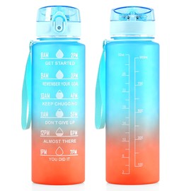 GEEZY Motivational Water Bottle with Time Markings 1L in Blue and Orange - One Click Open Flip Top, Locking Mechanism, Leakproof, BPA Free - Suitable for Home Office Gym School Outdoors (Set of 2)