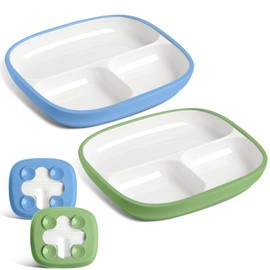 Domensi 2 Set Kids Porcelain Plates with Silicone Sleeves 8.2 Inch Divided Porcelain Plate Toddler White Suction Dishes for Baby Troubleless Eating Microwave Dishwasher Safe (Vivid)