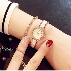KIMIO K6121 Women's Simple Watch White Ceramic Rose Gold Watch Band Diamond Dial Ladies Watch for Women, 2, Bracelet Type