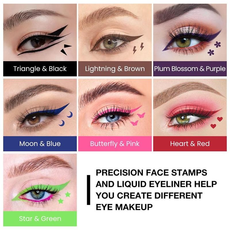 7Pcs Colored Winged Eyeliners Face Stamp Set, Star Flowers Heart