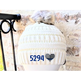Women's Custom Thin Blue Line Police Badge Stars Stripes Flag Heart Beanie Hat Cap, Optional Badge Number, Monogrammed LEO Law Enforcement Officer Winter Sewn Toque, Back The Blue, Gift Present Wife