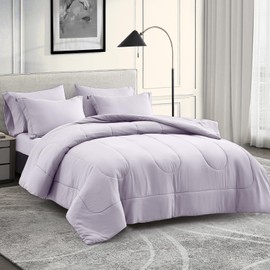 Maple&Stone Lavender Comforter Set King, 7 Pieces Bed in a Bag Light Purple - Lightweight Bedding Set with Comforter, Sheets, Pillowcases & Shams, Lilac Purple