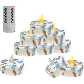 12-Pack Blue Florals LED Tea Lights 2.2 Inch Flickering Flameless Tealight 10-Key Remote Timer Battery Operated for Home Decorcolor: Ivory, size: 2.2"D x 2.2"W x 1.4"H