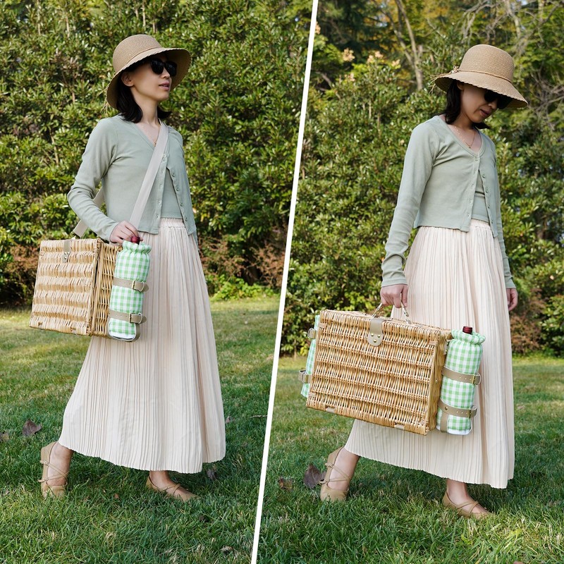 Picnic Basket for 4, Insulated Willow Picnic Baskets with Shoulder