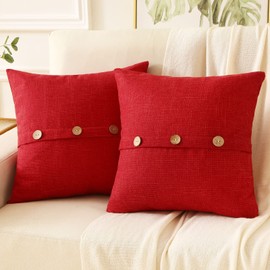 HAUSSY Red Linen Decorative Throw Pillow Covers 20x20 Inch Set of 2,Square Cushion Case with 3 Vintage Buttons/Hidden Zipper,Modern Farmhouse Home Decor for Couch,Bed