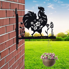 Rngmsi Metal Plant Hangers Outdoor, Chicken Wall Mounted Hanging Plant Bracket Flower Pot, Rooster Ornamental Wall Mount Bird Feeder Wind Chimes Decoration(15.6 X 12inches