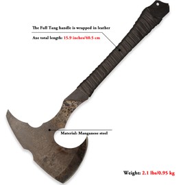 SV 0170 Handmade cast Manganese Steel 52HRC Hand Axe, Full Tang, Outdoor Axe, Hunting, Camping, Hiking, Survival, Leather Sheath, 15.9 inches