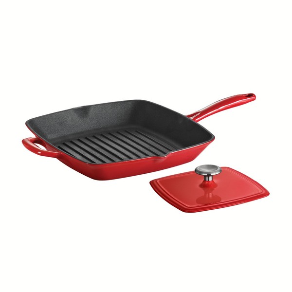 Tramontina 80131/059DS Enameled Cast Iron Grill Pan with Press, 11-Inch, Gradated Red