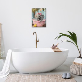 Elephant Bathroom Wall Art Cute Baby Elephant Pictures Wall Decor Vintage Animal Canvas Print Home Decoration for Bathroom Bedroom Living Room Framed 12"x16"