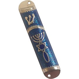 Holy Land Market Messianic Seal Holy Land Mezuzah Case - 4.1 in Jewish Door Mezuzah with Scroll, Dark Blue Silver Frame